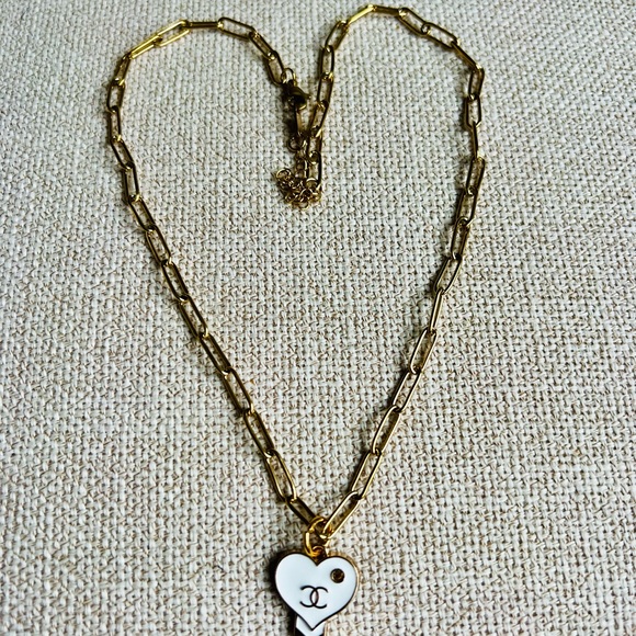 Upcycled CHANEL White and Gold Enamel Heart Key Necklace - Picture 7 of 12